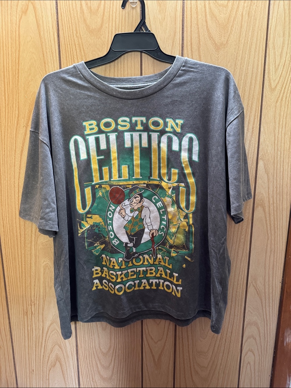 NBA Boston Celtics Vintage Graphic Tee in Charcoal Gray with Green and Gold